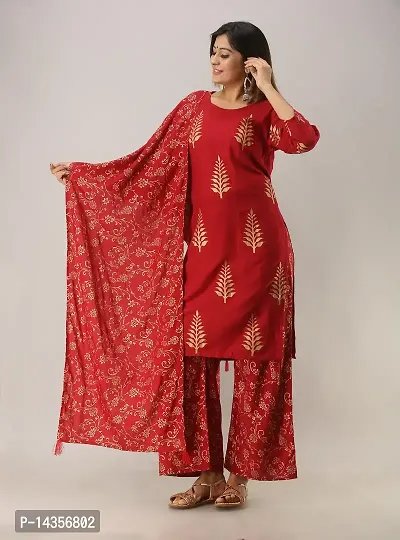 Trendy Viscose Rayon Red Printed Straight Knee Length 3/4 Sleeve Round Neck Kurta With Palazzo And Dupatta Set For Women-thumb0