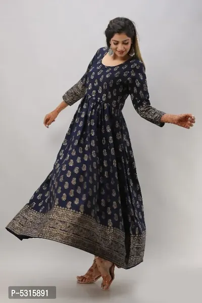 Stunning Navy Blue Rayon Printed Anarkali Kurta For Women-thumb0