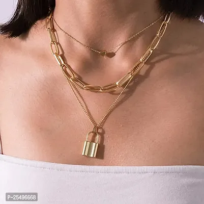 Stylish Triple Layered Gold Plated Heart Lock Pendant Necklace For Women and Girls-thumb2