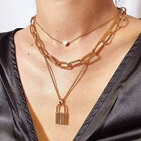 Stylish Triple Layered Gold Plated Heart Lock Pendant Necklace For Women and Girls-thumb2