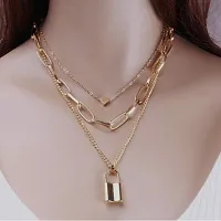 Stylish Triple Layered Gold Plated Heart Lock Pendant Necklace For Women and Girls-thumb3