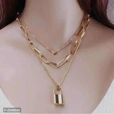 Stylish Triple Layered Gold Plated Heart Lock Pendant Necklace For Women and Girls-thumb4