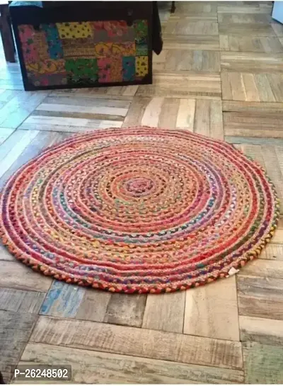Stylish Handloom Rugs Beige Jute, Cotton Carpet 2 Ft, X 2 Ft, Circle