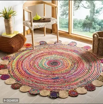 Stylish Handloom Rugs Beige, Multicolor Jute, Cotton Area Rug 5 Ft, X 5 Ft, Circle