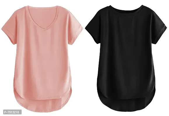 Fabricorn Combo of Cotton V-Neck Up Down Short Sleeve Tshirt for Women (Pack of 2)-thumb0