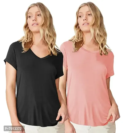 Fabricorn Combo of Cotton V-Neck Up Down Short Sleeve Tshirt for Women (Pack of 2)-thumb0