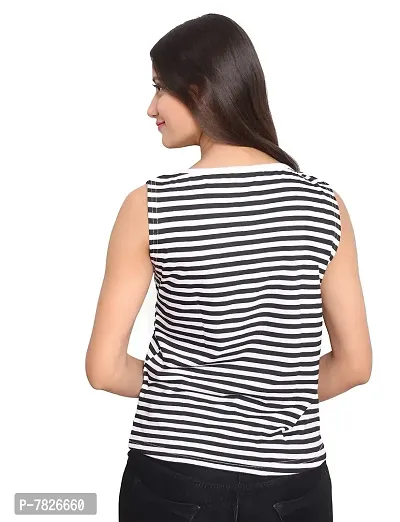 Fabricorn Black and White Striped Round Neck Cotton Blend Sleeveless Tshirt for Women-thumb4