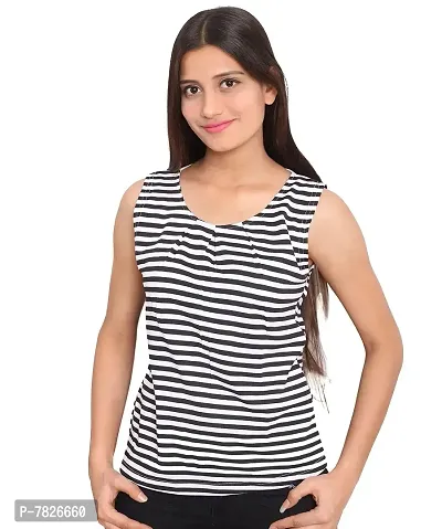 Fabricorn Black and White Striped Round Neck Cotton Blend Sleeveless Tshirt for Women