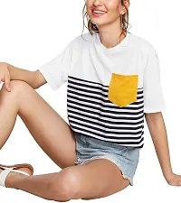 Fabricorn White Black Striped with Yellow Pocket Cotton Tshirt for Women (X-Large, White)-thumb2