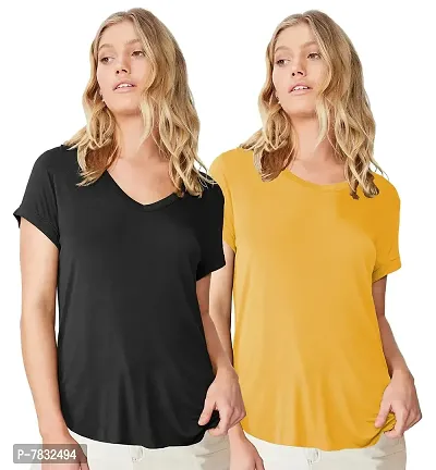 Fabricorn Combo of Cotton V-Neck Up Down Short Sleeve Tshirt for Women (Pack of 2)