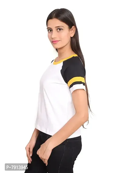 Fabricorn White Body Multi Colour Short Raglan Sleeve Stylish Round Neck Cotton Tshirt for Women (White)-thumb2