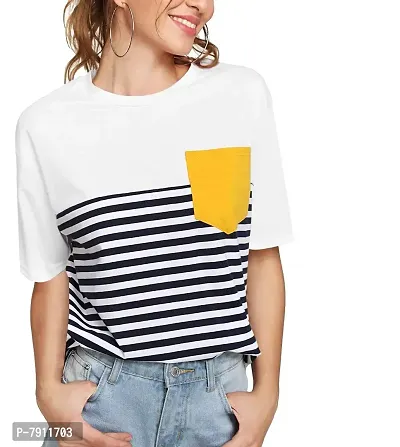 Fabricorn White Black Striped with Yellow Pocket Cotton Tshirt for Women (X-Large, White)-thumb2