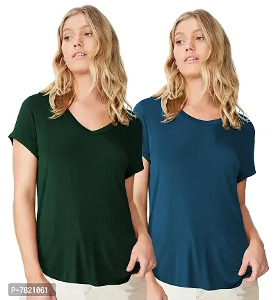 Fabricorn Combo of Cotton V-Neck Up Down Short Sleeve Tshirt for Women (Pack of 2)-thumb0