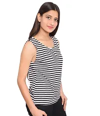 Fabricorn Black and White Striped Round Neck Cotton Blend Sleeveless Tshirt for Women-thumb4