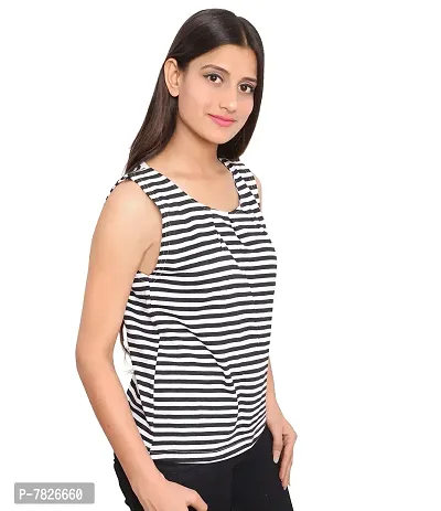 Fabricorn Black and White Striped Round Neck Cotton Blend Sleeveless Tshirt for Women-thumb5