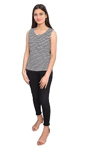 Fabricorn Black and White Striped Round Neck Cotton Blend Sleeveless Tshirt for Women-thumb1