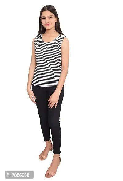 Fabricorn Black and White Striped Round Neck Cotton Blend Sleeveless Tshirt for Women-thumb2