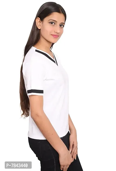 Fabricorn Solid White Short Sleeve Stylish V-Neck Cotton Tshirt for Women-thumb4