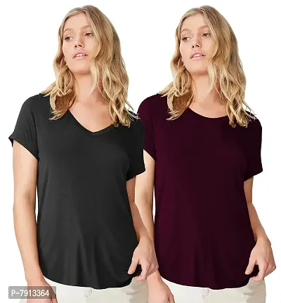 Fabricorn Combo of Cotton V-Neck Up Down Short Sleeve Tshirt for Women (Pack of 2)