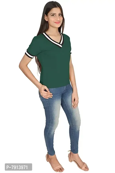 Fabricorn Solid Short Sleeve Stylish V Neck Cotton Tshirt for Women-thumb3