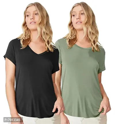 Fabricorn Combo of Cotton V-Neck Up Down Short Sleeve Tshirt for Women (Pack of 2)-thumb0