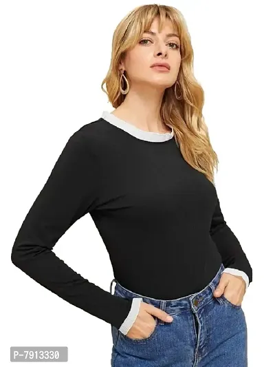 Fabricorn Stylish Black Body White Rib Long Sleeve Cotton Tshirt for Women (Black)