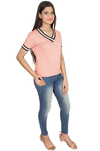 Fabricorn Solid Short Sleeve Stylish V Neck Cotton Tshirt for Women-thumb2