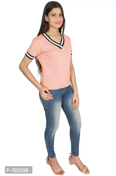 Fabricorn Solid Short Sleeve Stylish V Neck Cotton Tshirt for Women-thumb3