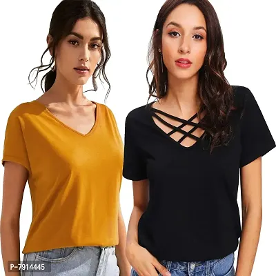 Fabricorn Combo of Plain Stylish V-Neck Cotton Tshirts for Women