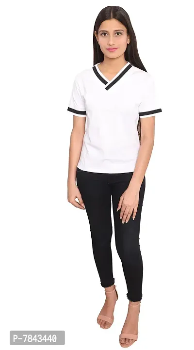 Fabricorn Solid White Short Sleeve Stylish V-Neck Cotton Tshirt for Women-thumb5