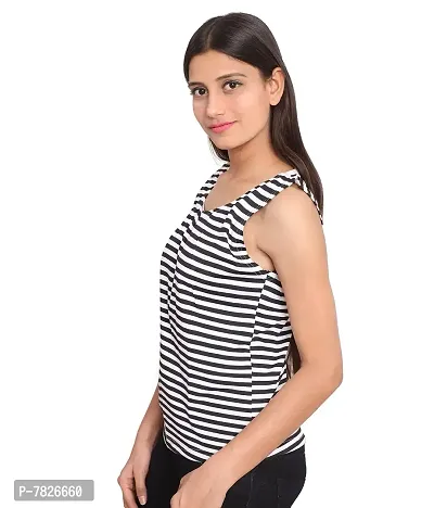 Fabricorn Black and White Striped Round Neck Cotton Blend Sleeveless Tshirt for Women-thumb3