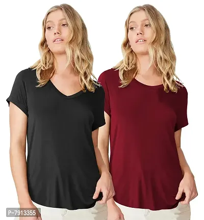 Fabricorn Combo of Cotton V-Neck Up Down Short Sleeve Tshirt for Women (Pack of 2)