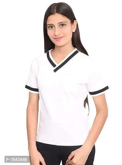 Fabricorn Solid White Short Sleeve Stylish V-Neck Cotton Tshirt for Women-thumb0