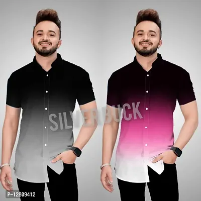 Stylish Fancy Cotton Blend Solid Short Sleeves Casual Shirts Combo For Men Pack Of 2-thumb0