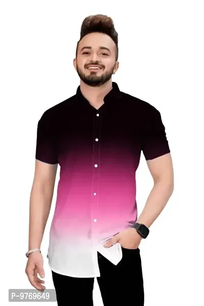 Silver Buck Men's Digital Printed Poly Cotton Halfsleeve Classic Collar Casual Shirt (Pink) Size:-Large
