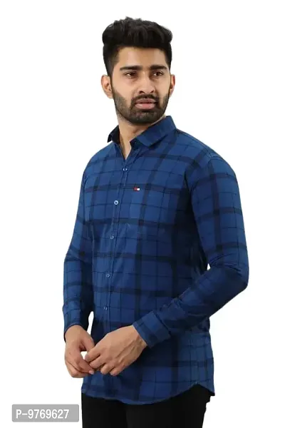 Silver Buck Men's Checkered Poly Cotton Fullsleeve Classic Collar Casual Shirt (Dark Blue)-thumb0