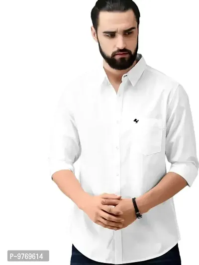 White Cotton Blend Solid Casual Shirts For Men-thumb0