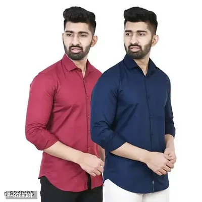 Silver Buck Men's Solid Cotton Fullsleeve Classic Collar Casual Shirt (Maroon & Dark Blue) Size:-Medium