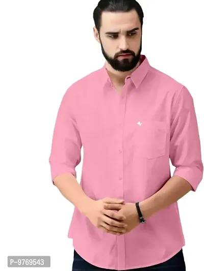 Silver Buck Men's Solid Cotton Fullsleeve Classic Collar Casual Shirt (Pink Size:-Large