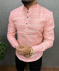 Reliable Pink Cotton Blend Printed Short Length Kurta For Men-thumb1