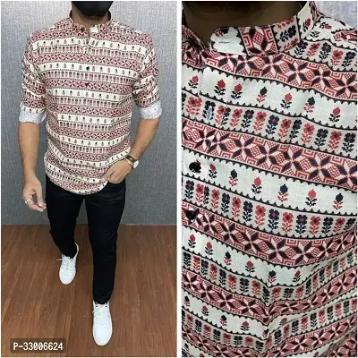 Reliable Red Cotton Printed Short Length Kurta For Men-thumb0