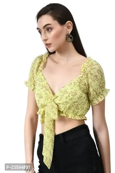 Dream of DRESSES1 Yellow Printed New GGT Crop TOP Women's  Girls Yellow Tie-Up Floral Crop Top Floral Pattern-thumb1