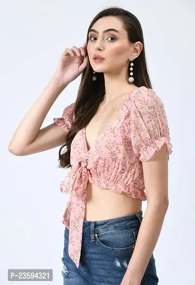 Womens Tie-Up Floral Crop Top Pink-thumb3