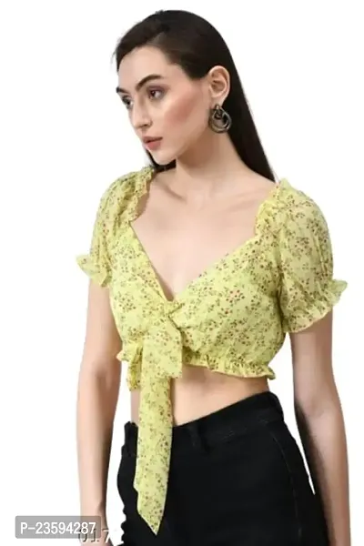 Dream of DRESSES1 Yellow Printed New GGT Crop TOP Women's  Girls Yellow Tie-Up Floral Crop Top Floral Pattern (Pink, Small)-thumb0