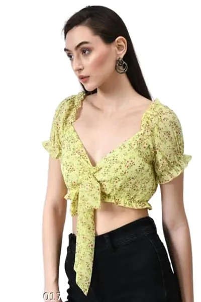 Dream of DRESSES1 New GGT Crop TOP Women's Girls Tie-Up Floral Crop Top Floral Pattern (Yellow, L)