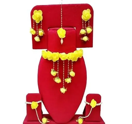 mayoo Floret Gota Patti Necklace, Earrings, Bracelet Maang Tika for Women Girls (Mehandi/Haldi)