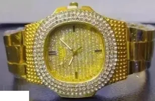 KIMY Beautiful diamond watch with a metallic chain in a stunning golden colour for weddings, parties, and other occasions (pack of 1).-thumb1