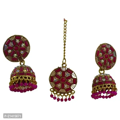 Kimy Classic Ethnic Floral Gold Plated Maangtika with Earring Set for Women Studded Traditional Jewelry Color: Golden, Yellow, Green, Red and Silver.-thumb0