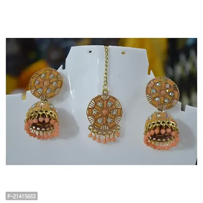 Kimy Classic Ethnic Floral Gold Plated Maangtika with Earring Set for Women Studded Traditional Jewelry Color: Golden, Yellow, Green, Red and Silver.-thumb4