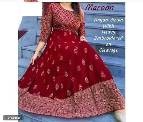 Pretty Maroon Printed Rayon Flared Anarkali Gown-thumb0